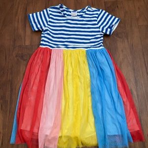 Hanna Anderson 
US 6-7 dress
Blue and white striped dress with rainbow tulle